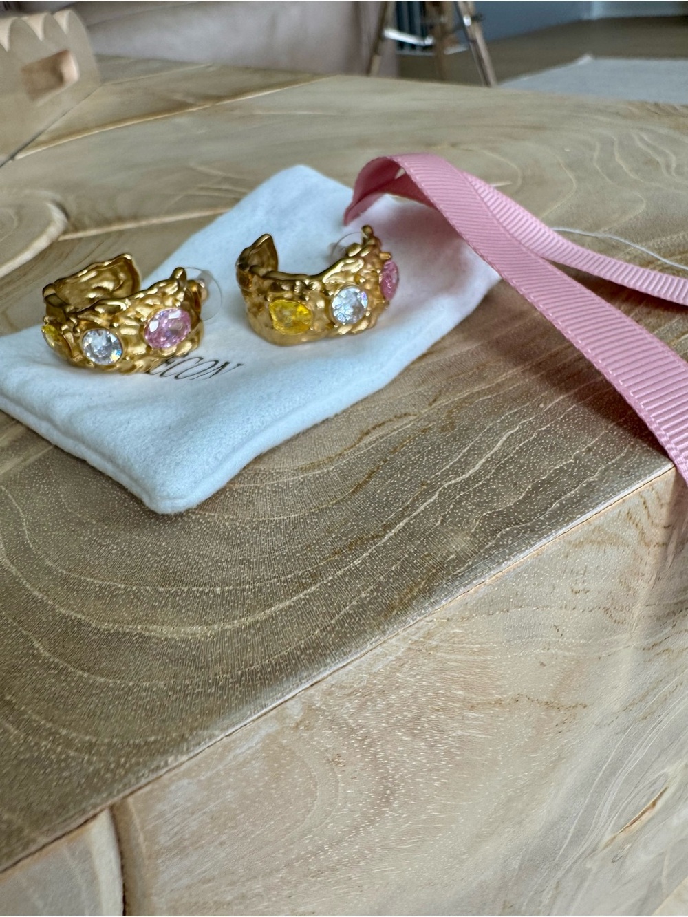 Gold Textured Hoop Earrings with Pink and Yellow Gemstones